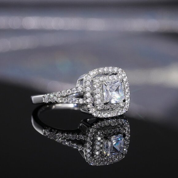 😍PRINCESS CUT 14K WHITE GOLD PURE CZ SQUARE BEAUTIFUL LUXURY WEDDING RING, K904 main image 1